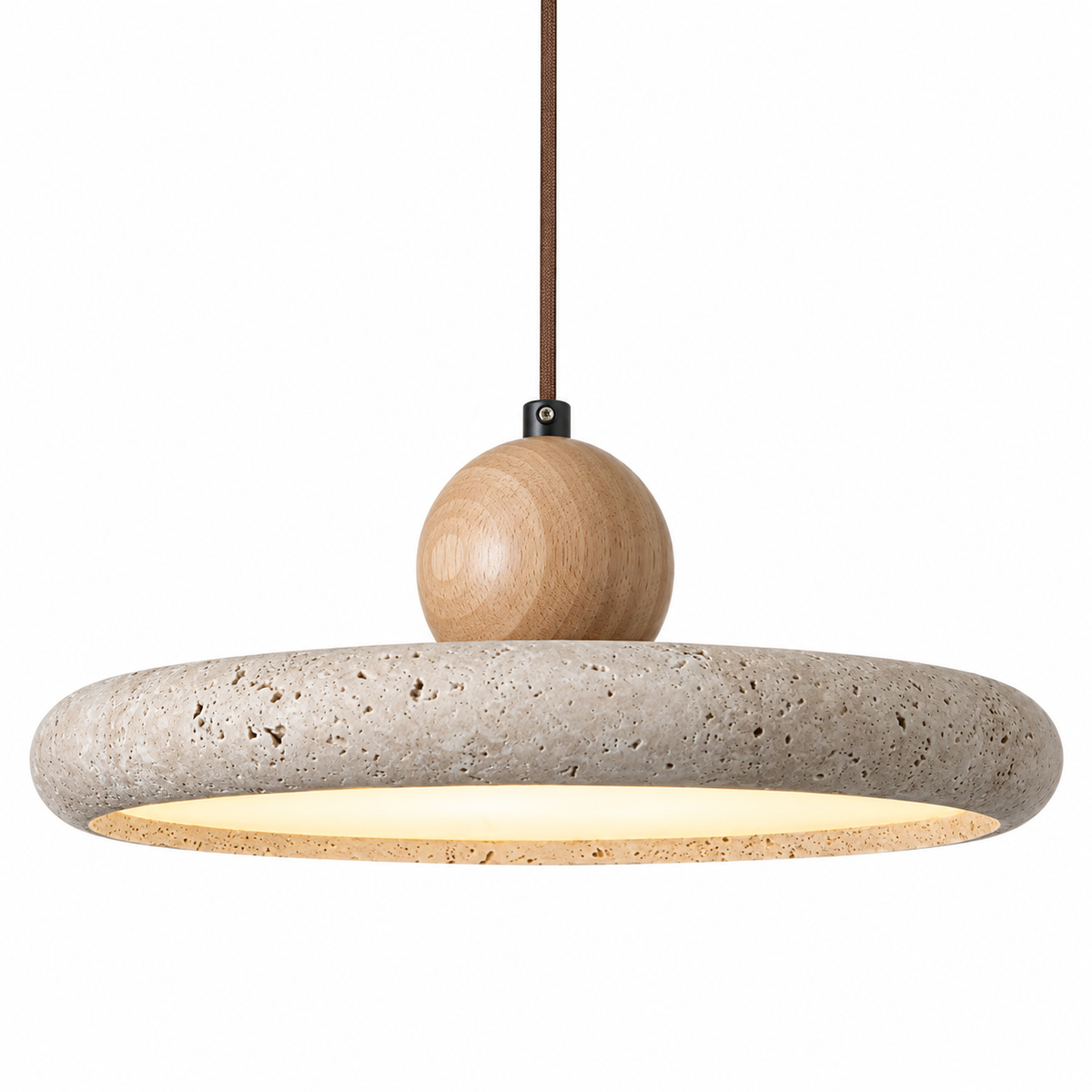 Lampada a sospensione in travertino e legno